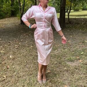 Vintage 80s pink satin wiggle dress drop scoop waist by Wild Times
